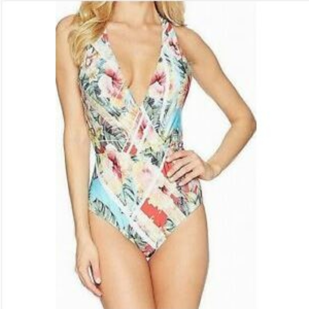 Jantzen Tropical Wrap V-neck One Piece Swimsuit